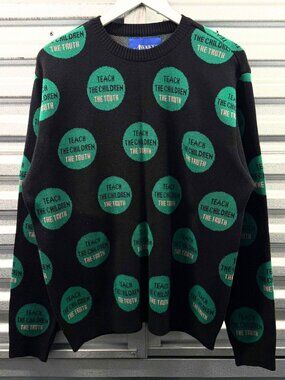 AWAKE NY THE TRUTH Black Green Cotton Blend Jacquard Crewneck Knit Sweater Sz L